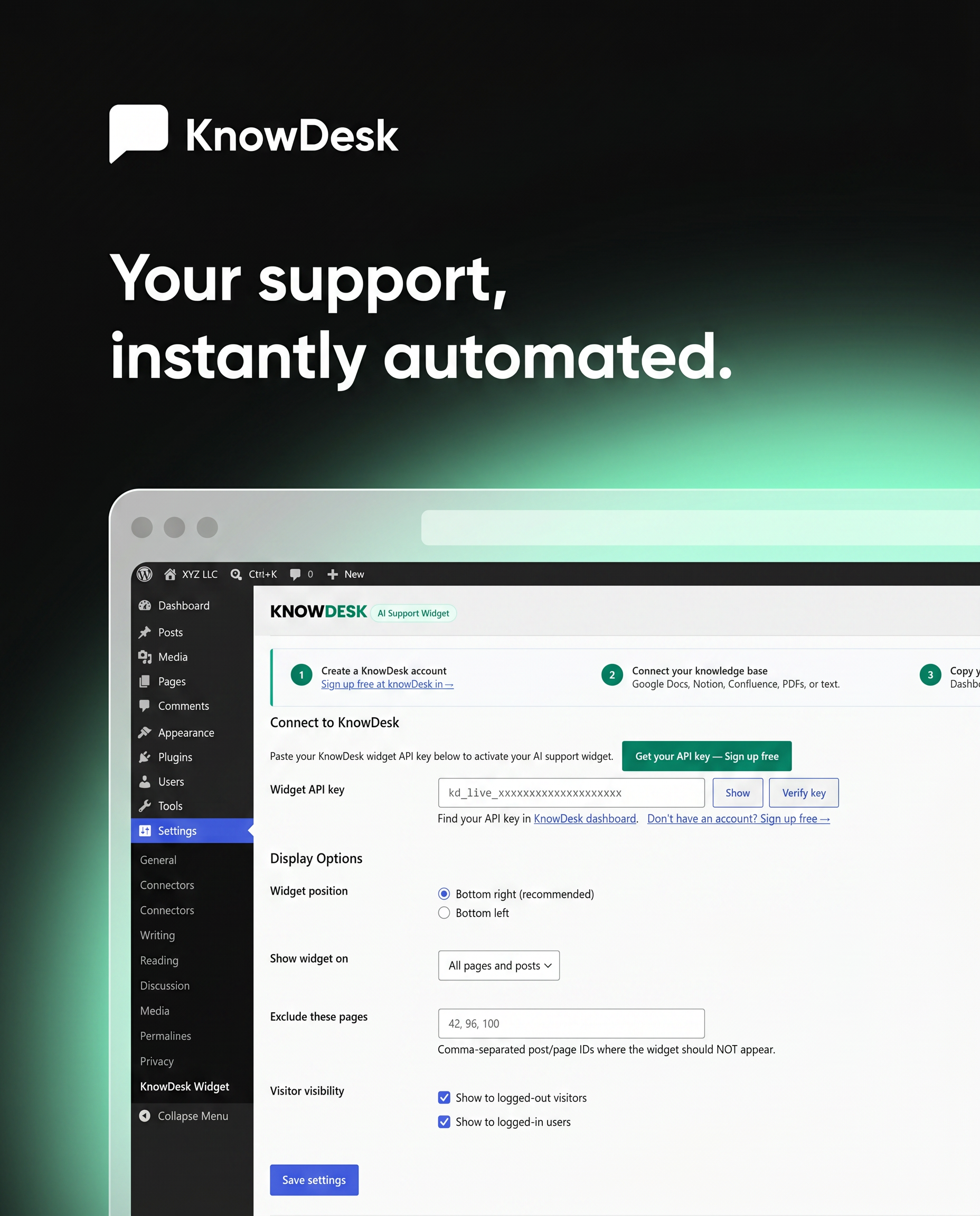 KnowDesk WordPress plugin settings - connect API key, set widget position, and choose visitor visibility